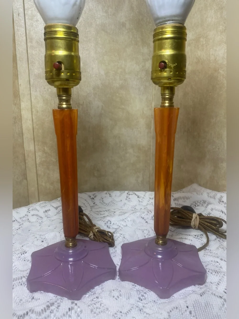 1930s Houze Glass Boudoir Lamps Pressed Glass Butterscotch Bakelite Set Art Deco